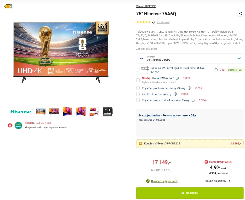 4K Smart TV, 189 cm, Hisense