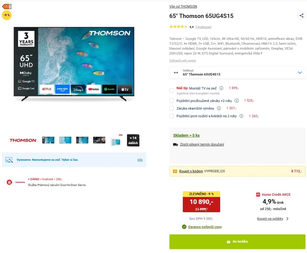 4K Smart TV, 165 cm, Thomson