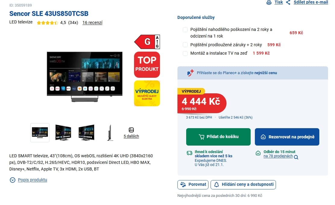 4K Smart TV, 109 cm, Sencor