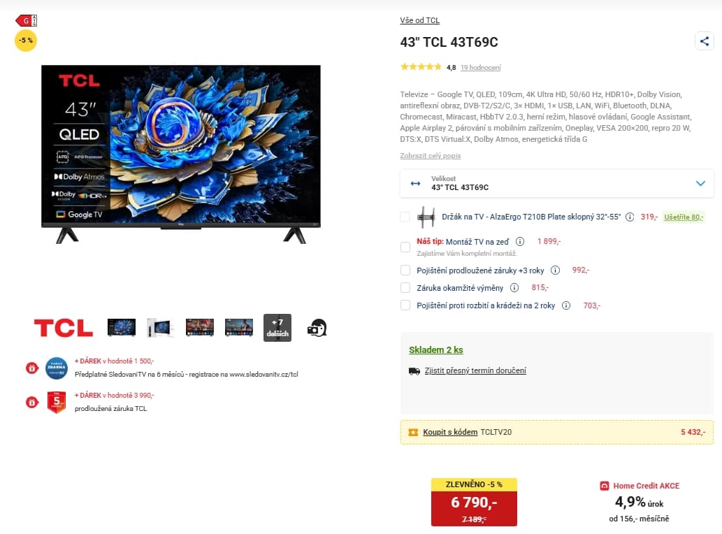 4K QLED Google TV, 109 cm, Atmos, TCL