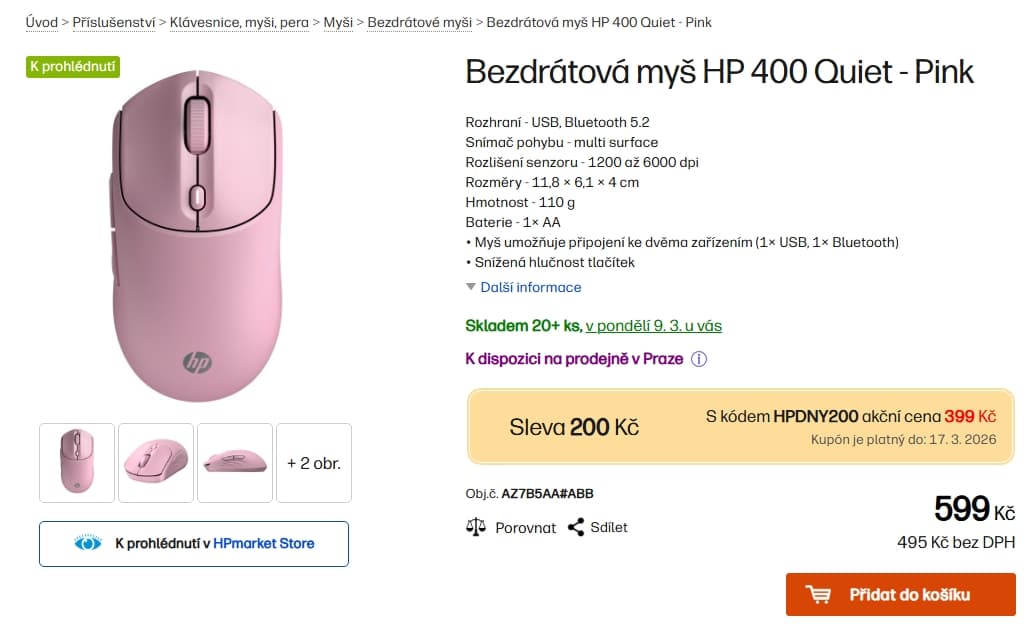 Bezdrátová myš HP 400 Quiet 