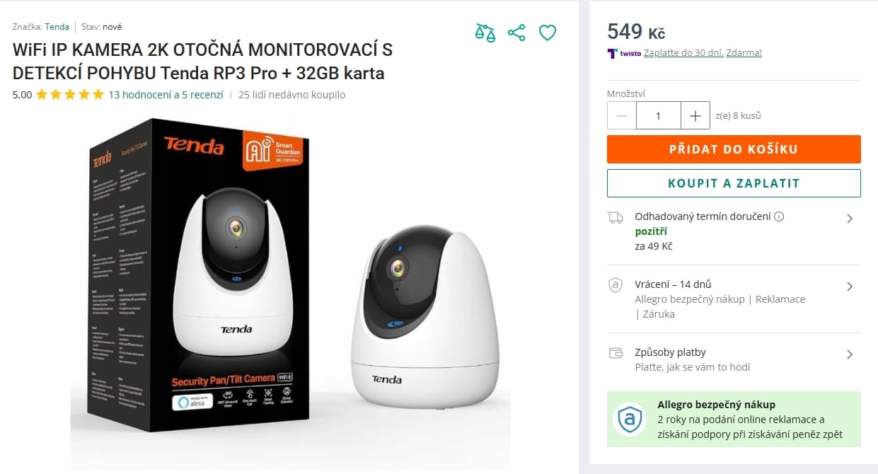 IP kamera Tenda, pohyb, mikrofon, 2K