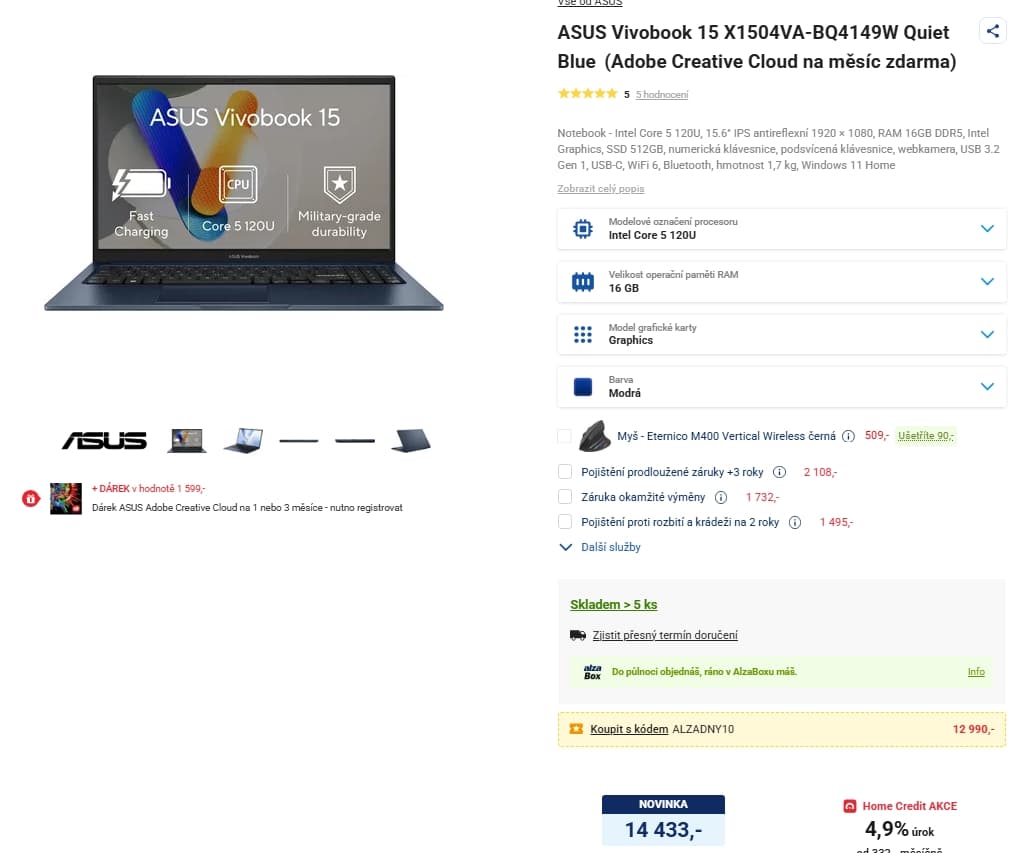 Asus i5 5 GHz, 16/512GB, 15,6"