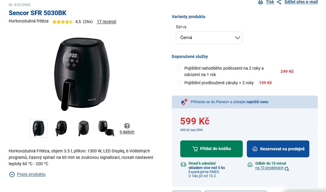 Horkovzdušná fritéza Sencor 3,5 l., 6 prg