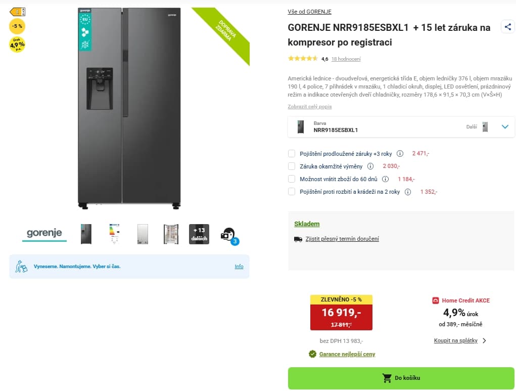 Americká lednice Gorenje, led, voda, 179cm
