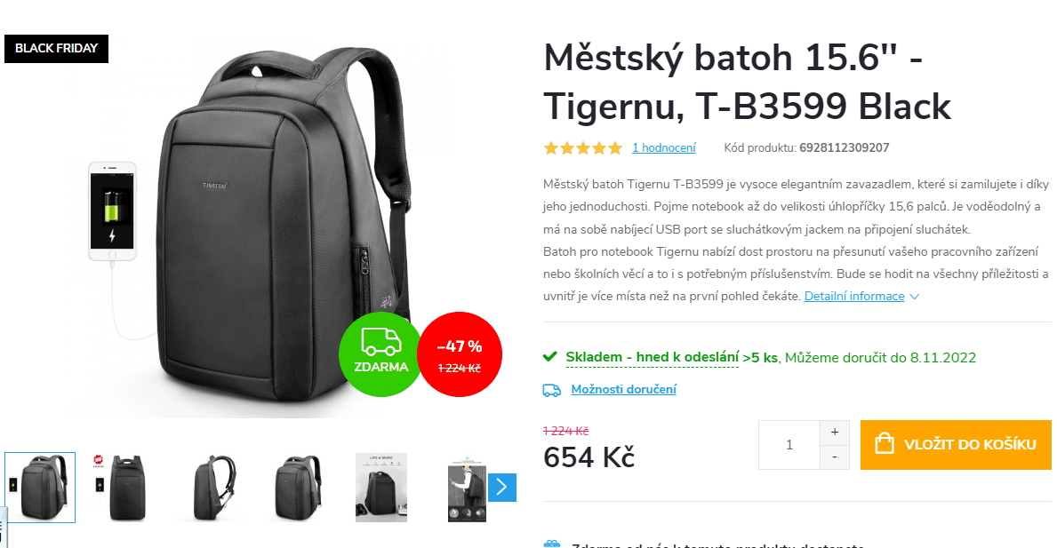 Batoh Tigernu, 15.6'', USB, sluchátka