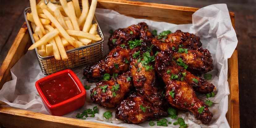Chutné kombo: 12 smažených křidýlek, hranolky, coleslaw, omáčka i 2x pivo pro 1 osobu